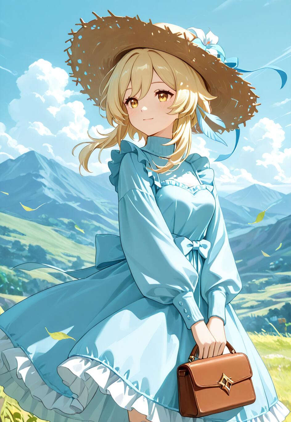 Une jeune fille d’anime aux cheveux courts et blonds et aux yeux dorés, identifiée comme Lumine du jeu Genshin Impact, se tient dans un champ verdoyant. Elle porte une robe bleu clair de style champêtre et un chapeau de paille, et tient un sac à main marron. En arrière-plan, on aperçoit des montagnes verdoyantes et un ciel bleu.