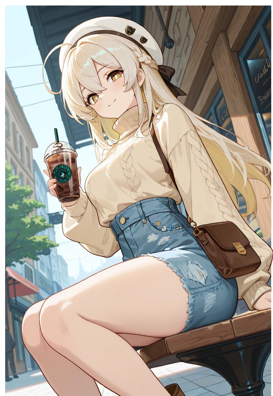 Lumine, personnage du jeu Genshin Impact, une magnifique jeune fille d’anime aux longs cheveux blonds, assise sur un banc dans une ville, vêtue d’une tenue décontractée composée d’un pull et d’un short en jean, et souriant en tenant un café glacé.