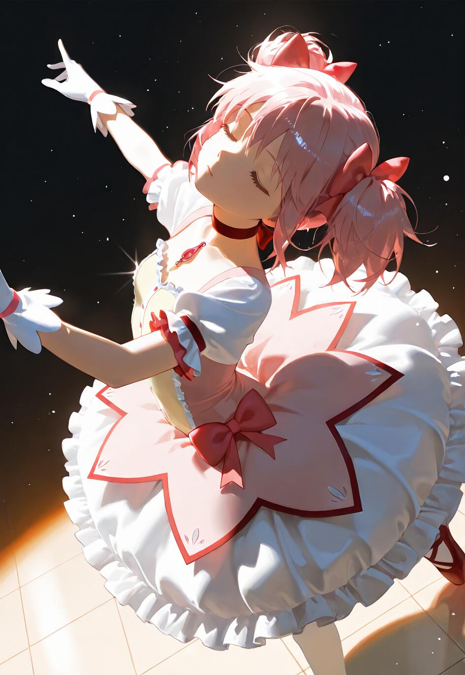 Madoka Kaname, issue de la série *Puella Magi Madoka Magica*, porte une robe de ballerine rose et blanche et danse avec grâce sous un projecteur, les yeux fermés, sur fond d’un ciel étoilé.