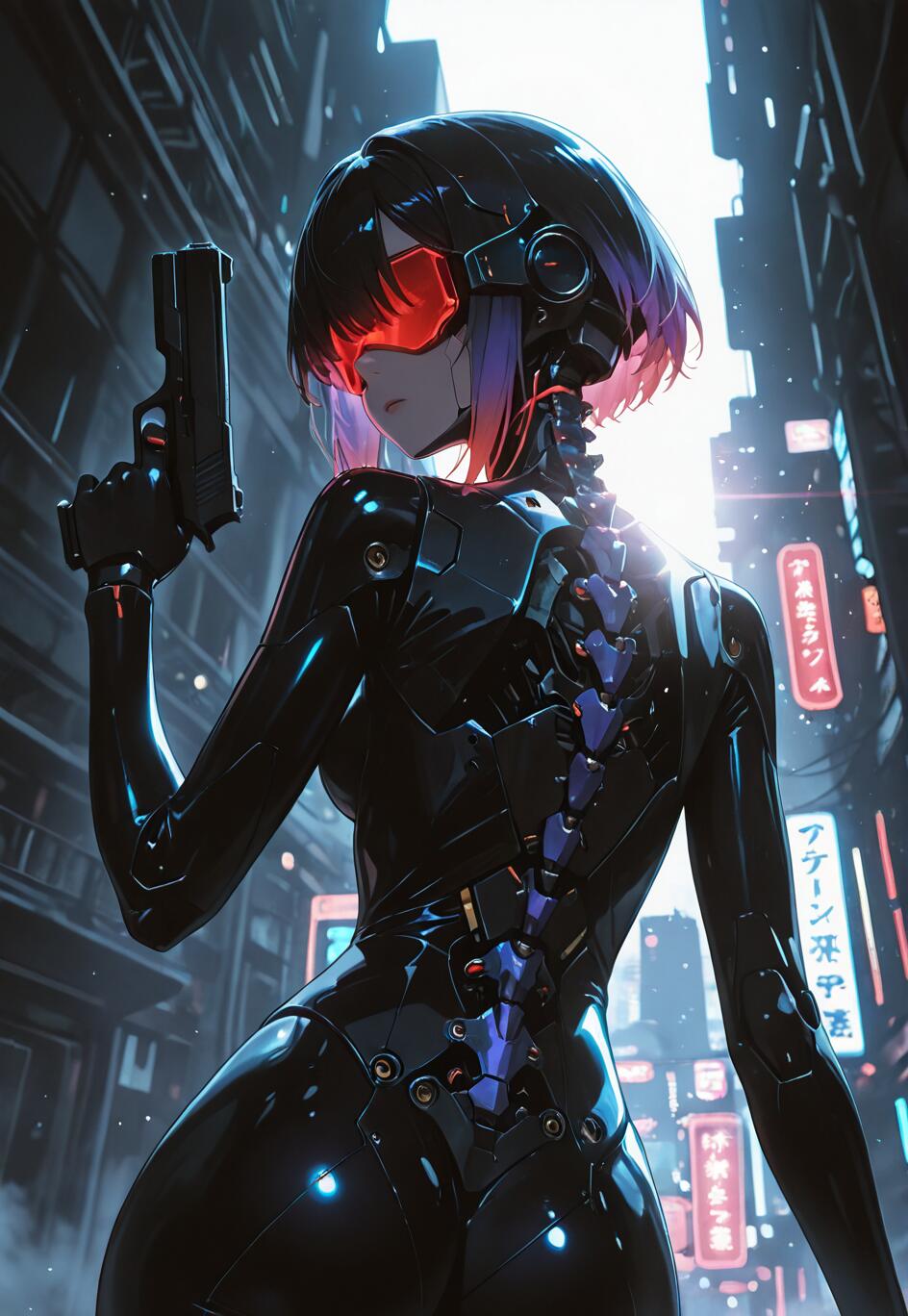 Une illustration de style manga représentant Motoko Kusanagi, le cyborg de Ghost in the Shell. Elle a les cheveux courts, de couleur violette, porte une visière rouge et est vêtue d’une combinaison cybernétique noire dont on peut voir la colonne vertébrale mécanique. Elle tient un pistolet et regarde par-dessus son épaule, dans une ville futuriste illuminée par des néons, au cœur de la nuit.