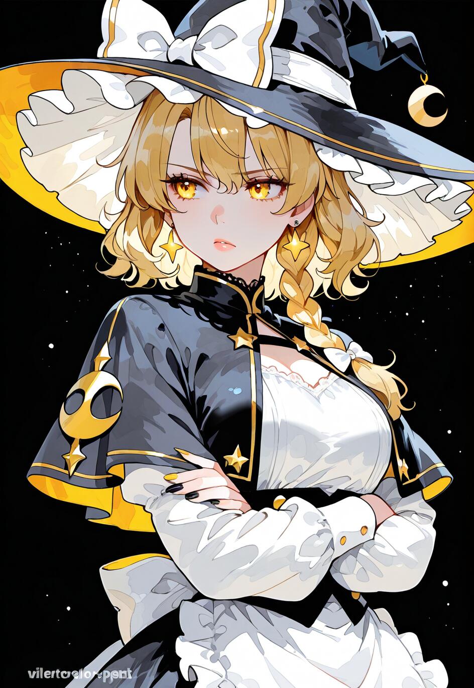 Une illustration de Marisa Kirisame, issue de la série Touhou Project, dans un style inspiré des mangas et des animés. Cette sorcière blonde, aux yeux jaunes lumineux, porte un grand chapeau noir orné d’un nœud blanc et une robe noire et blanche. Elle est représentée debout, les bras croisés, sur un fond noir constellé d’étoiles.