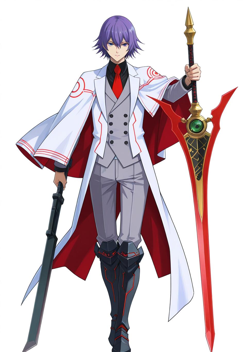 Représentation intégrale du personnage de jeu vidéo Mcburn, tiré de la série Trails of Cold Steel. Cet homme aux cheveux violets porte un long manteau blanc et un costume gris. Il tient à la main une grande épée rouge et dorée, ainsi qu’un fourreau noir, le tout sur un fond blanc uni.