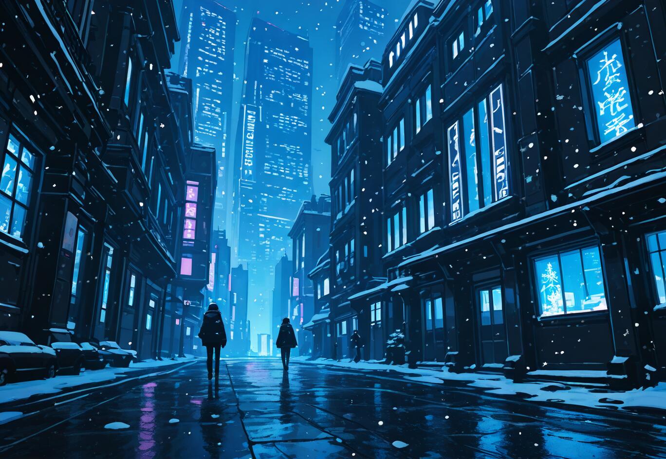 Une peinture numérique représentant une rue enneigée d’une ville futuriste, de nuit. Deux personnes, vêtues de manteaux d’hiver, s’éloignent du spectateur le long d’une route mouillée, bordée d’immeubles dont les enseignes néon bleues et violettes brillent.