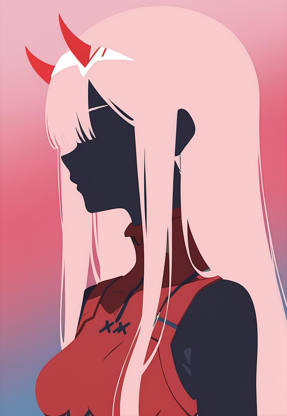 Une illustration minimaliste en silhouette du personnage d’anime Zero Two. Elle a de longs cheveux roses, des cornes rouges et porte une combinaison rouge. Son visage et son corps se détachent en une silhouette sombre sur un fond dégradé rose et bleu.