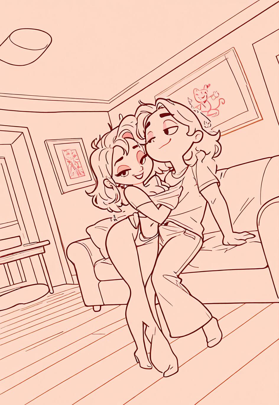 Une illustration en noir et blanc, de style bande dessinée, représente un homme et une femme qui s’enlacent de manière ludique dans un salon. L’homme, assis sur l’accoudoir d’un canapé, soulève le haut de la femme qui se tient devant lui, et tous deux se sourient.