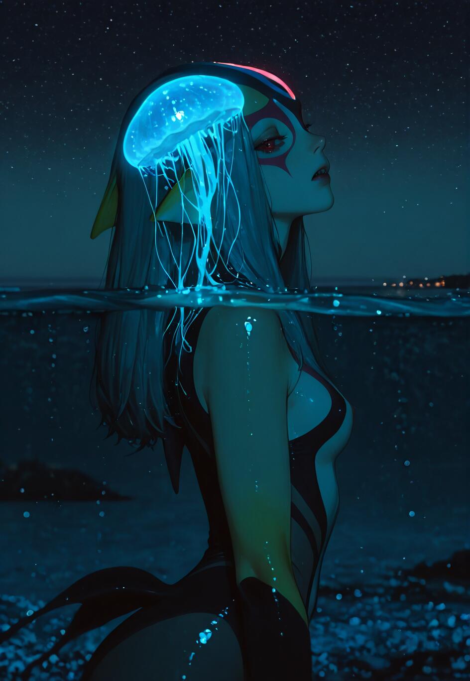 Une illustration du personnage d’anime Mutio, tiré de Blue Submarine No. 6, debout dans l’océan, la nuit. Une grande méduse bleue bioluminescente est posée sur sa tête comme un chapeau, illuminant son visage et ses cheveux gris sur fond de ciel étoilé.