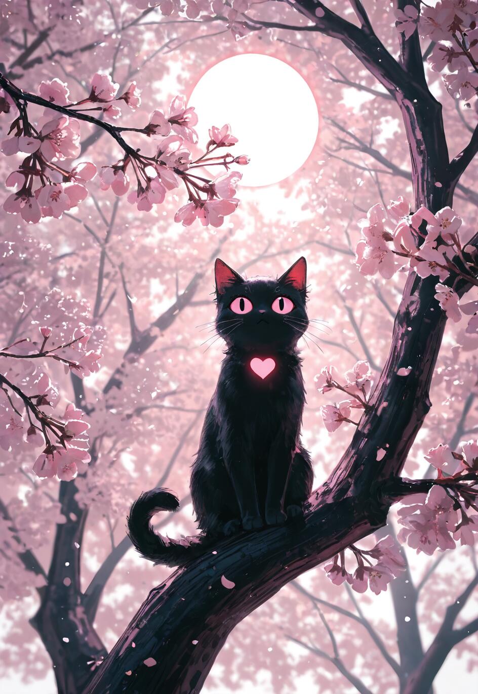 Un chat noir, aux grands yeux roses, avec un cœur rose lumineux sur sa poitrine, est assis sur une branche d’un cerisier en fleurs, sous une pleine lune blanche.
