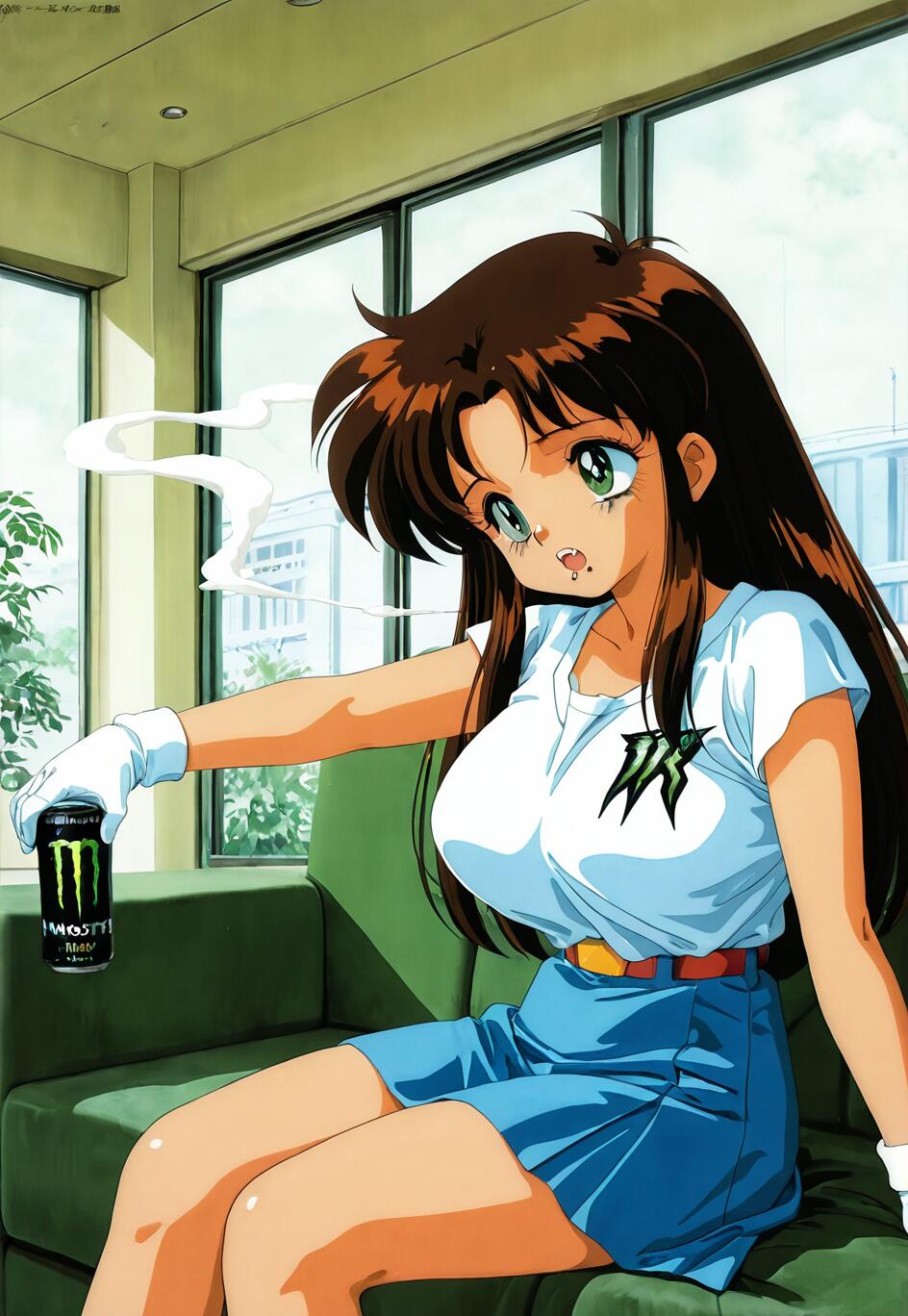 Une illustration de Natsumi Tsujimoto, personnage de la série animée des années 90 « You’re Under Arrest », dans un style d’animation japonais, assise sur un canapé vert et tenant une canette de Monster Energy, avec de la fumée qui s’échappe à proximité.