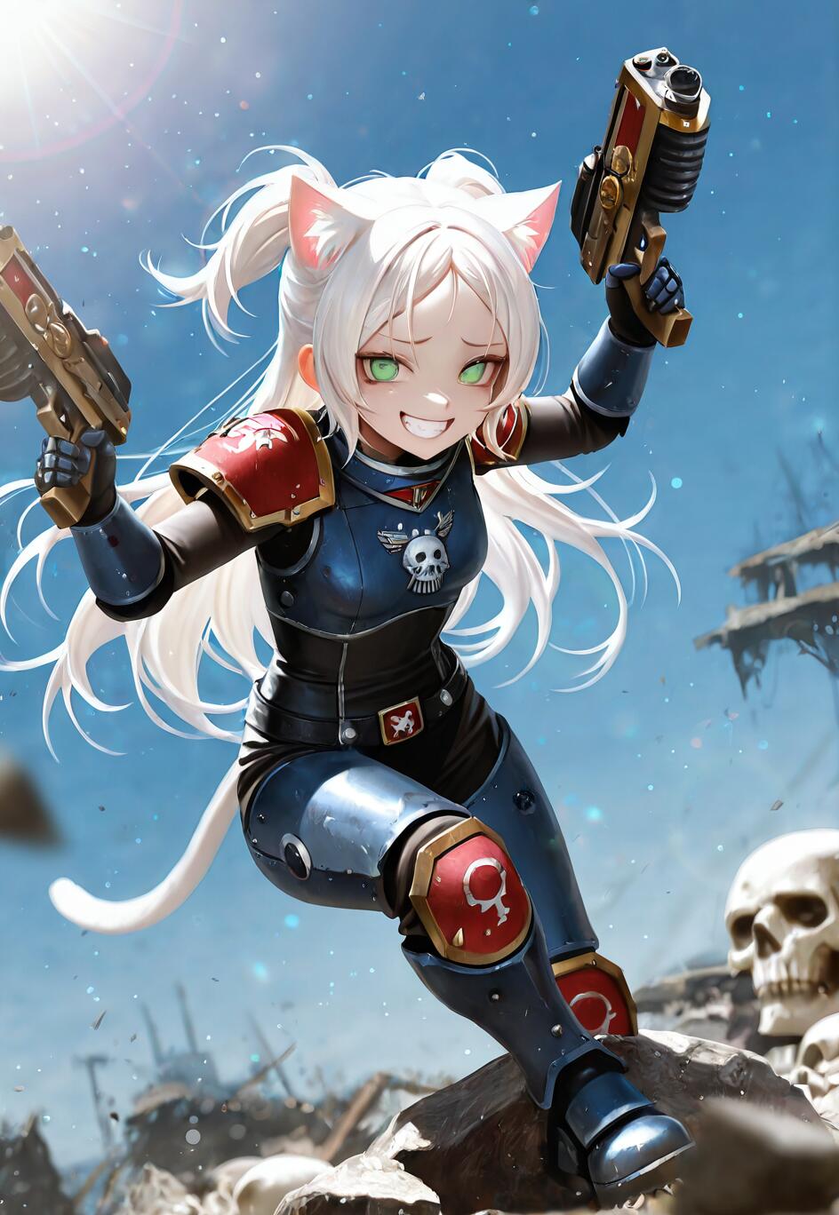 Une jeune fille-chat d’anime aux cheveux blancs et aux yeux verts, vêtue d’une armure de combat bleue et rouge dans le style de Warhammer 40 000, manie joyeusement deux pistolets sur un champ de bataille désolé.