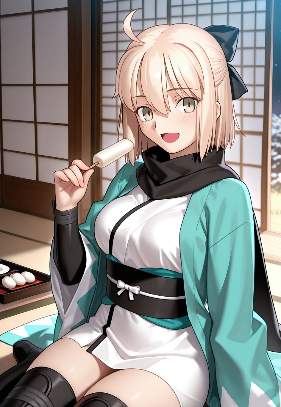 Okita Souji, un personnage blond d’anime issu de Fate/Grand Order, est assise dans une pièce de style japonais traditionnel, un sourire chaleureux aux lèvres, et tient un dango à la main. Elle porte un haori turquoise par-dessus un kimono blanc.
