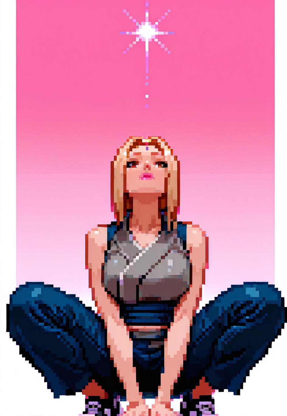 Une illustration en pixel art représentant Tsunade, personnage de Naruto, accroupie et levant les yeux vers une étoile brillante unique, sur un fond rose.