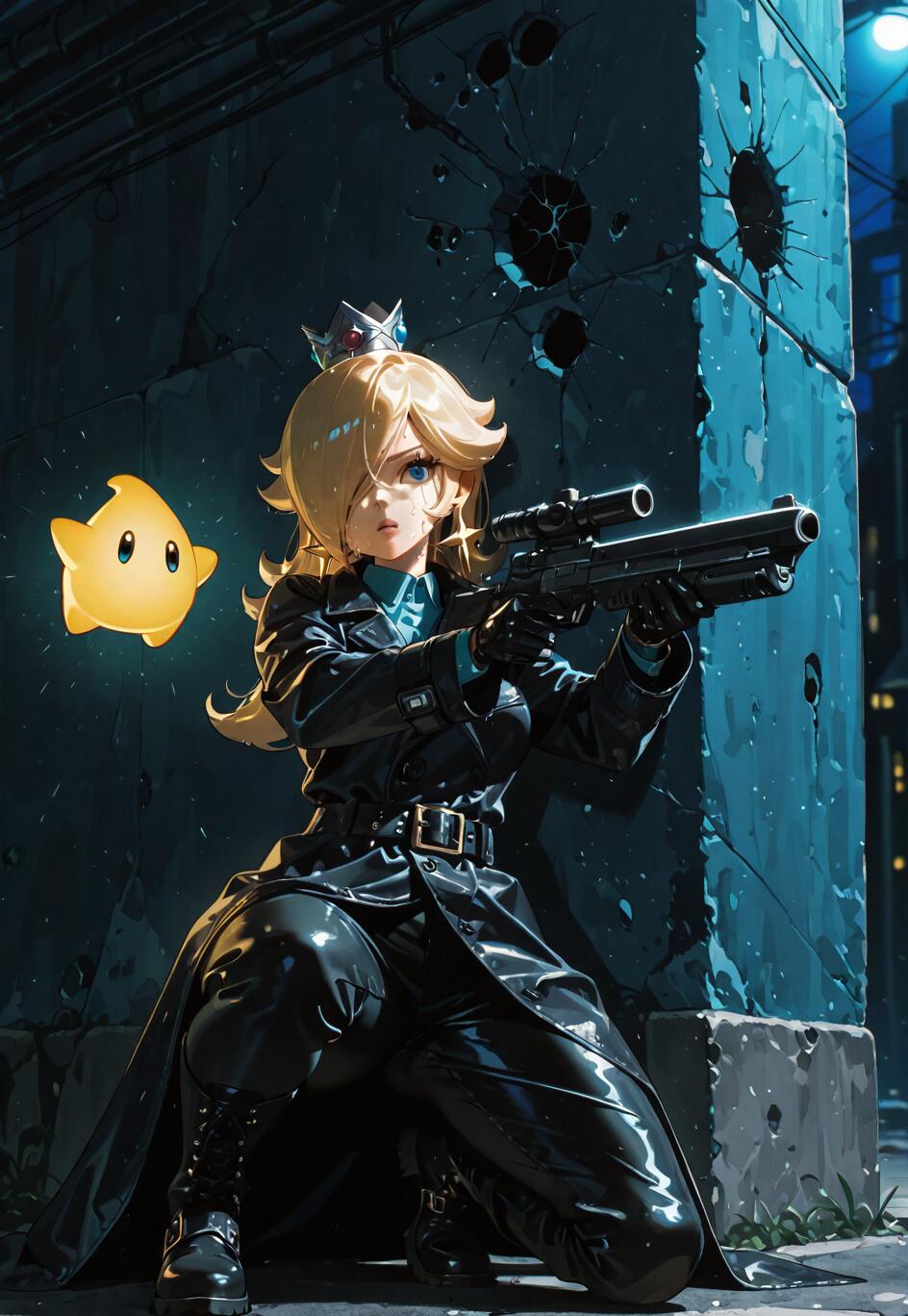 Une illustration de style manga représentant la princesse Rosalina de Super Mario, vêtue d’un long manteau et d’un pantalon en cuir noir, à genoux dans une ruelle sombre, et pointant un fusil de sniper. Une petite créature jaune lumineuse, une Luma, flotte à ses côtés.