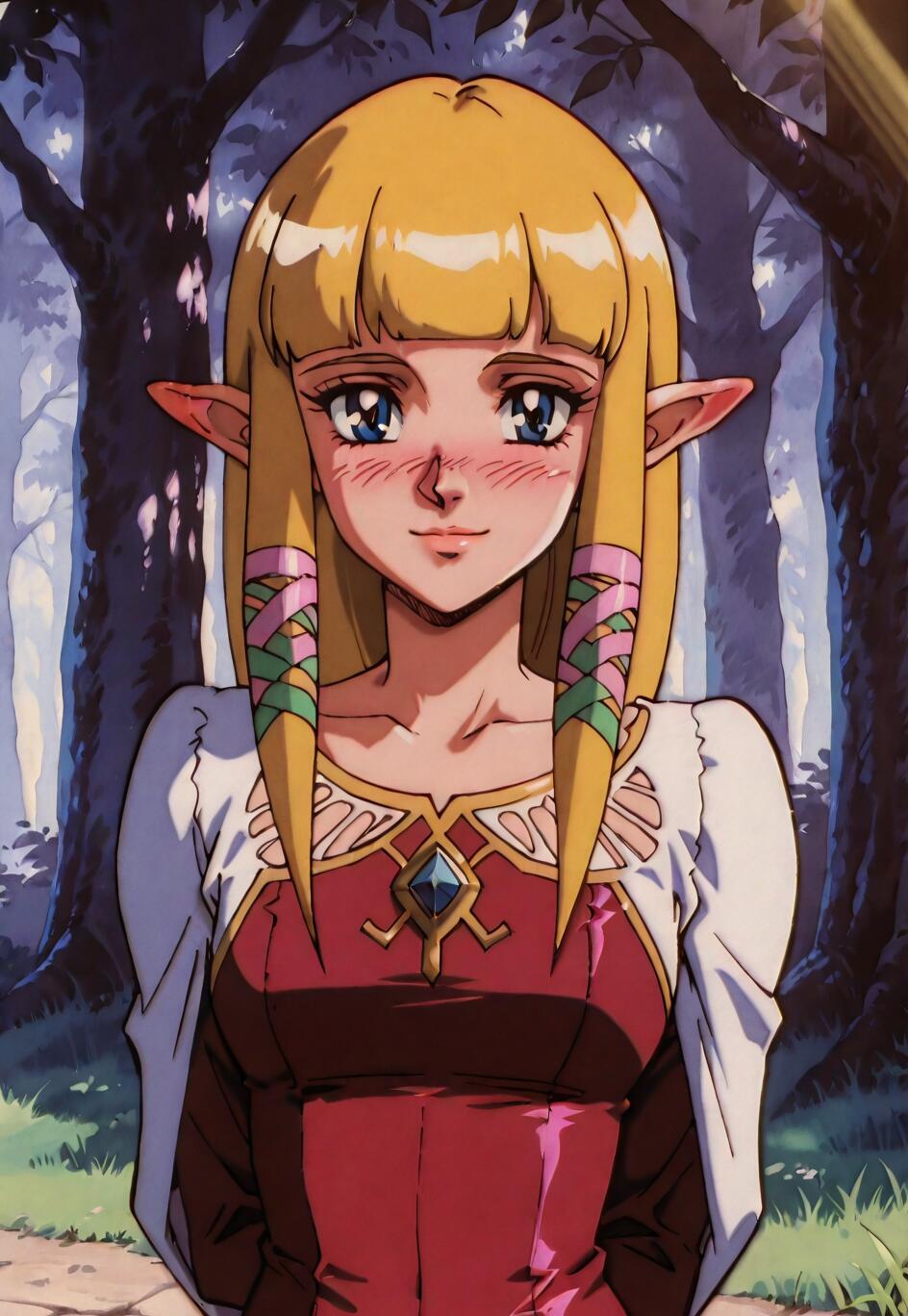 Une illustration de la princesse Zelda tirée du jeu Skyward Sword, représentée dans le style des dessins animés des années 90. Elle a de longs cheveux blonds, des oreilles pointues et des yeux bleus, et ses joues sont légèrement rosies, avec un doux sourire. Elle porte une robe rose et rouge, ainsi qu’un châle blanc, dans une forêt.