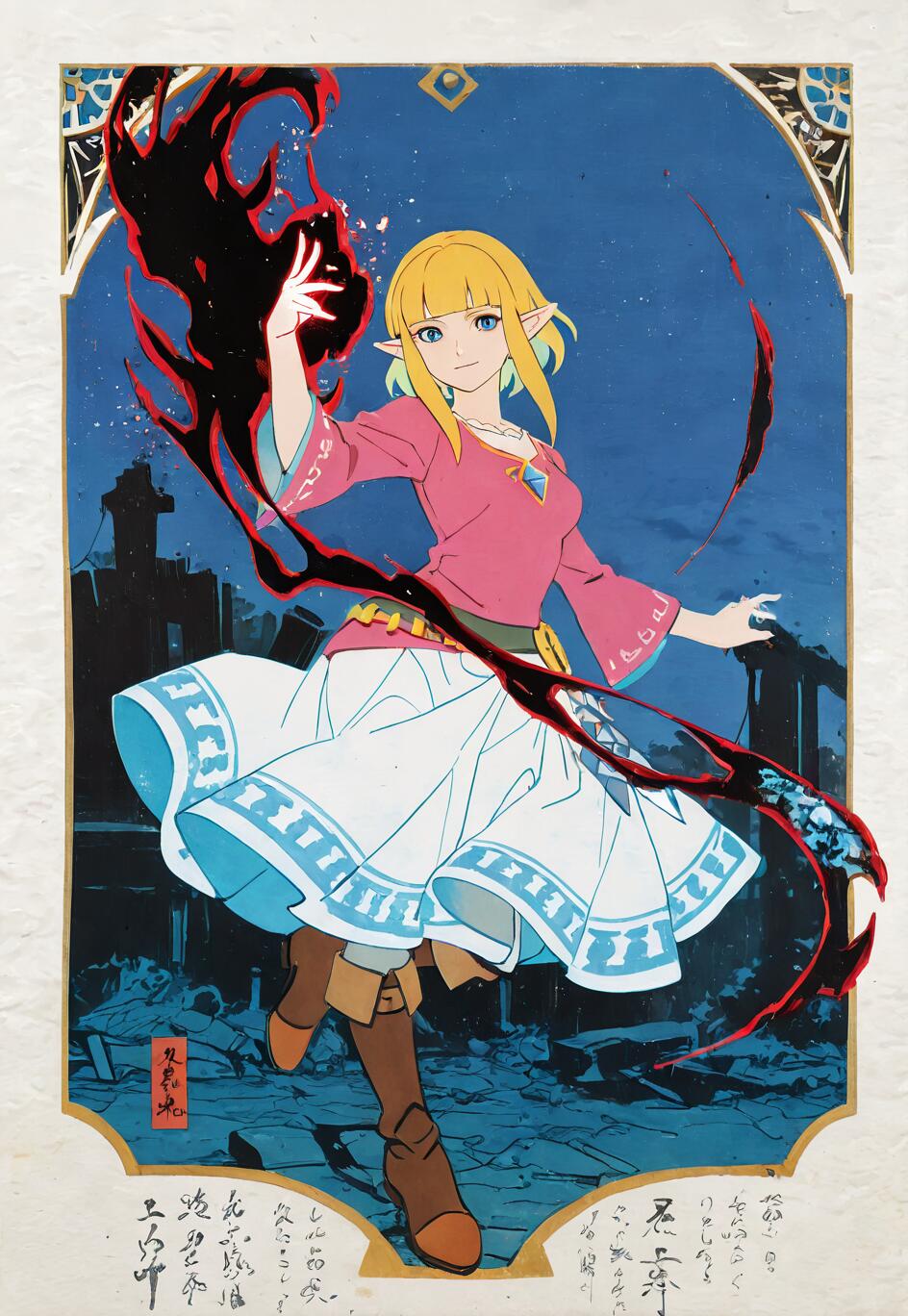 Une illustration complète de la princesse Zelda, tirée du jeu The Legend of Zelda: Skyward Sword, réalisée dans le style de l’art japonais ukiyo-e. Elle a les cheveux blonds et un léger sourire, et elle lance un sort magique tourbillonnant, de couleur noire et rouge, de sa main droite. L’arrière-plan représente des ruines sombres sur fond de ciel nocturne profond, bleu et étoilé.
