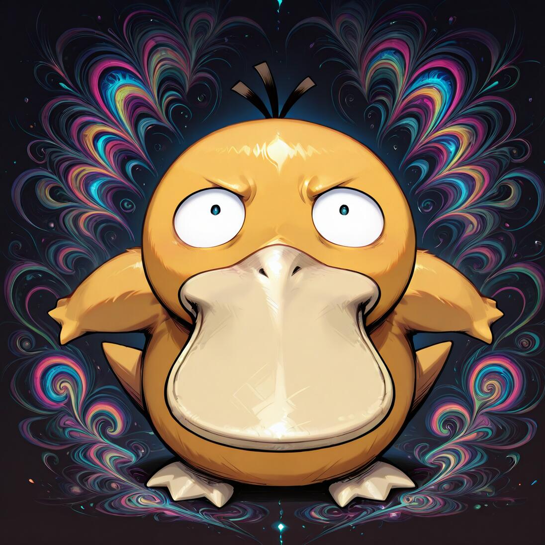 Le Pokémon Psyduck est au centre de l’image, avec une expression confuse et stressée, les yeux grands ouverts et les sourcils froncés. Derrière lui, un fond sombre est illuminé par un motif psychédélique symétrique, composé de couleurs vives et tourbillonnantes, dans les tons rose, bleu, jaune et vert.