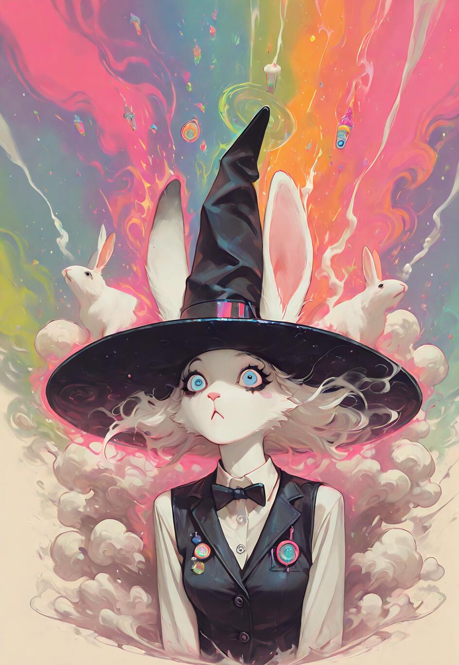 Une illustration de style manga représentant une jeune fille-lapin blanche aux grands yeux bleus, portant un chapeau et un gilet de magicien noir. Elle lève les yeux, surprise, vers une explosion chaotique et colorée de fumée et de lumière, avec deux petits lapins blancs de chaque côté de sa tête.