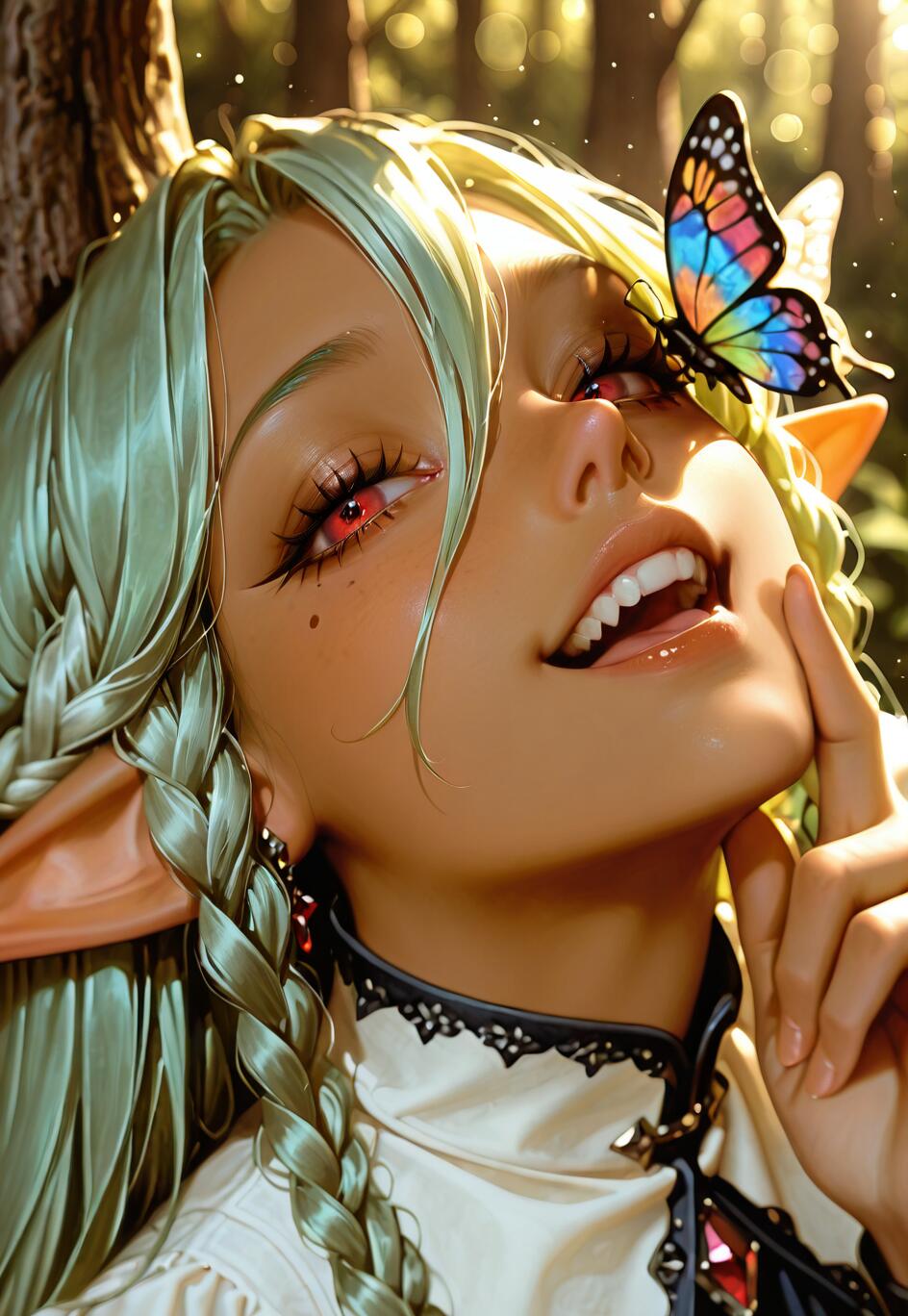 Une illustration en gros plan de Rosalinde, personnage du jeu Unicorn Overlord : une elfe noire aux cheveux verts tressés et aux yeux rouges. Elle sourit joyeusement, tandis qu’un papillon coloré se pose sur son visage dans une forêt baignée de lumière.