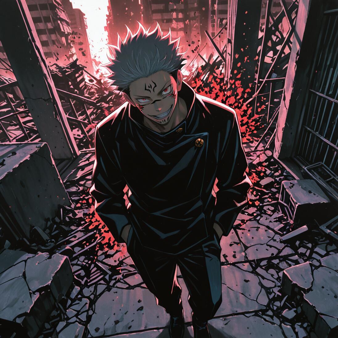Ryomen Sukuna, personnage de Jujutsu Kaisen, se tient dans une ville en ruines, et affiche un sourire menaçant à la caméra, dans une perspective en plongée.