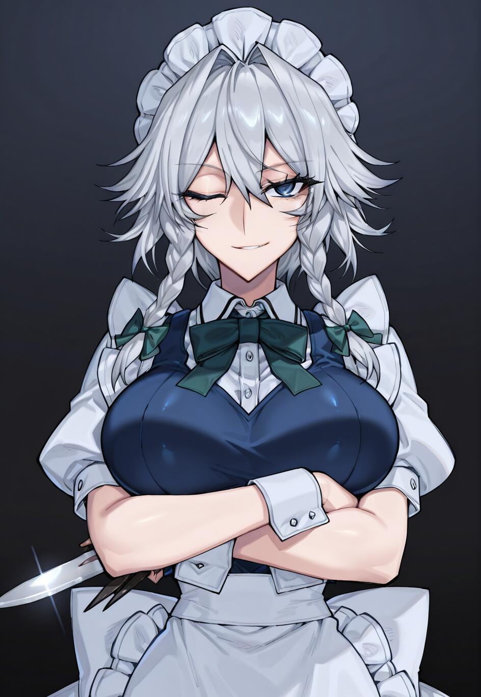 Sakuya Izayoi, personnage du jeu Touhou Project, est une servante aux cheveux argentés tressés. On la voit ici avec un air malicieux, un sourire en coin et les bras croisés, tenant un couteau devant un fond sombre.