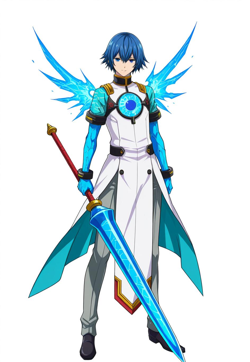 Illustration de Sei, personnage du jeu BlazBlue Alternative: Dark War, représentant un jeune homme aux cheveux bleus et aux ailes bleues en forme de cristaux, tenant une grande lance bleue et rouge sur un fond blanc.