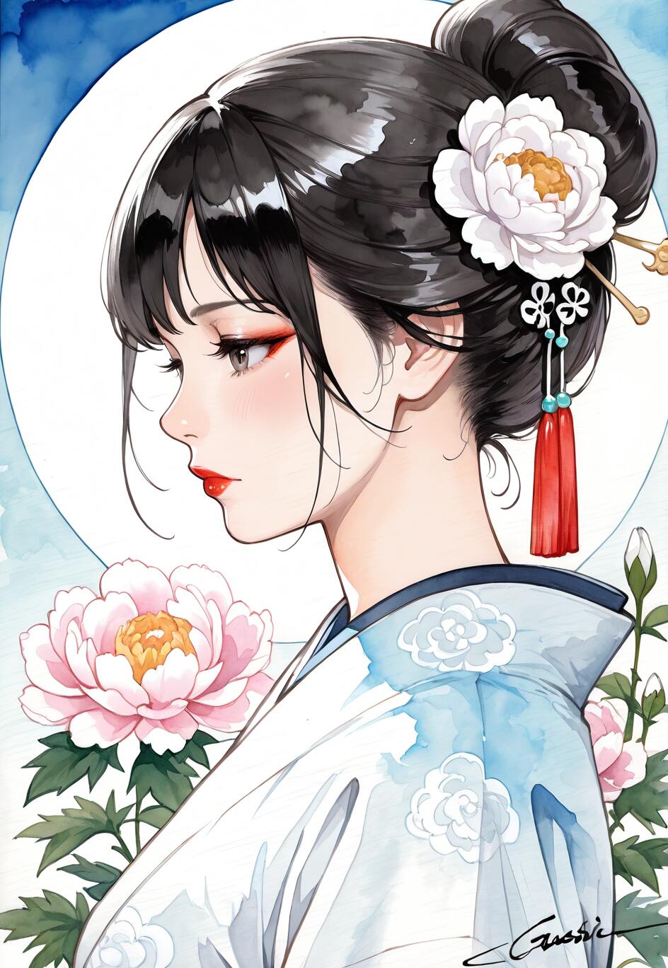 Un portrait en pied, réalisé dans un style d’anime à l’aquarelle, représentant une femme d’Asie de l’Est aux cheveux noirs, coiffés en chignon, et ornée d’une fleur de pivoine blanche et d’un pompon rouge. Elle porte une robe traditionnelle bleue et blanche, et le décor est constitué d’une pleine lune et de nombreuses fleurs de pivoine.