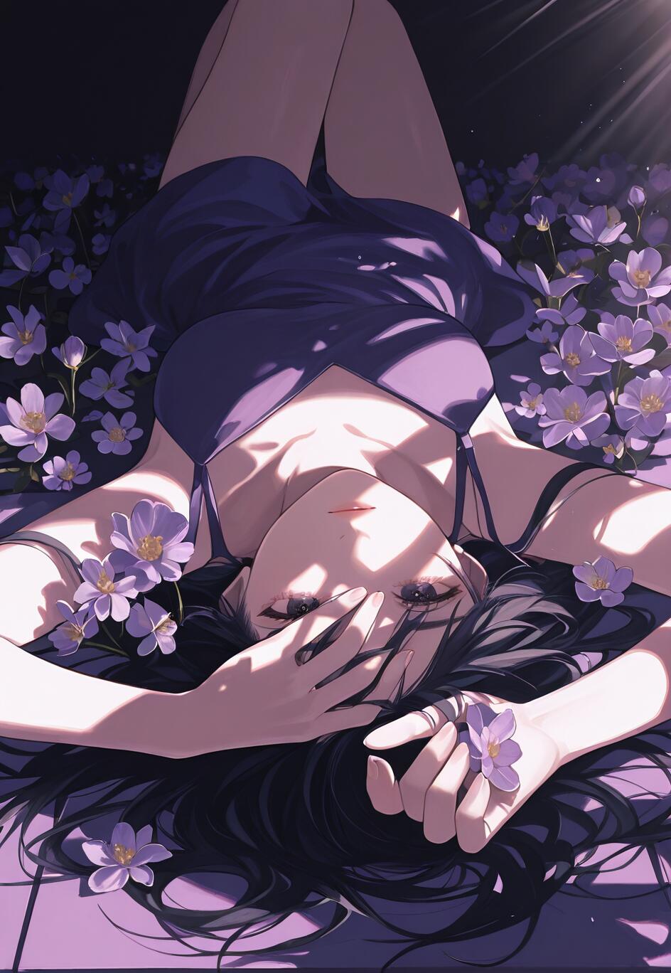 Une illustration de style manga représentant une femme aux longs cheveux noirs, allongée sur le dos dans un champ de fleurs violettes, la lumière du soleil projetant des ombres marquées sur elle.