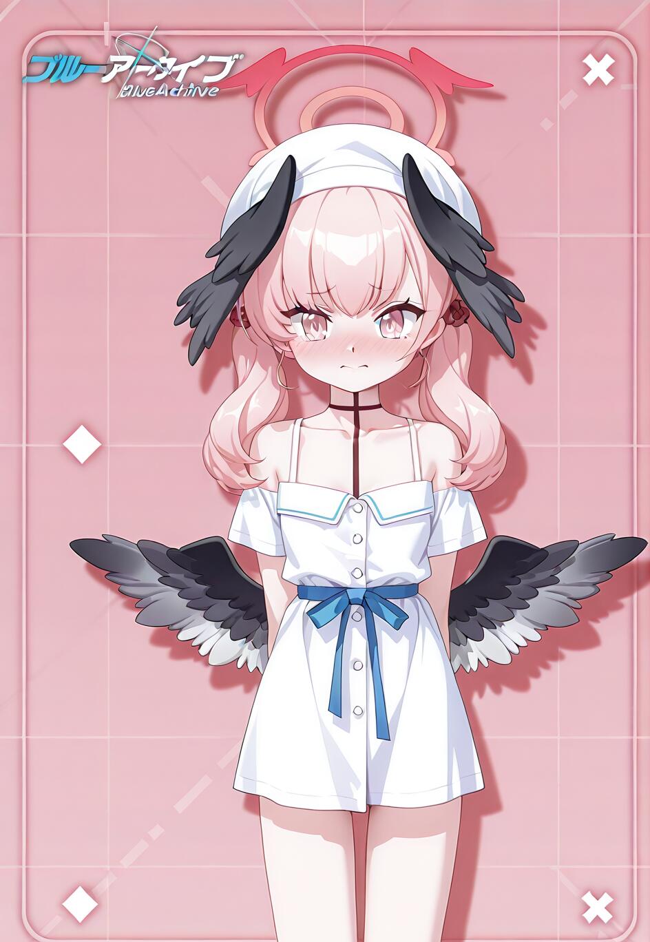 Illustration complète de Shimoe Koharu, personnage du jeu Blue Archive. Elle a les cheveux roses et porte une robe d’été blanche avec un ruban bleu. Elle regarde le spectateur avec une expression légèrement troublée, le tout sur un fond rose.