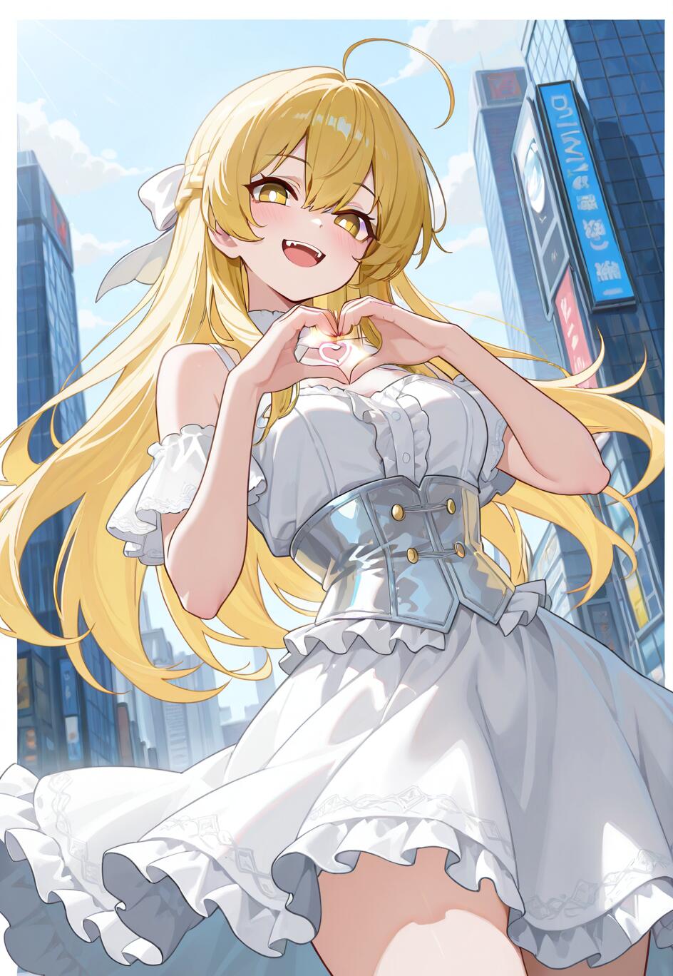 Le personnage d’anime Shokuhou Misaki, avec ses longs cheveux blonds et sa robe blanche, sourit et fait un geste en forme de cœur avec ses mains devant un panorama urbain.