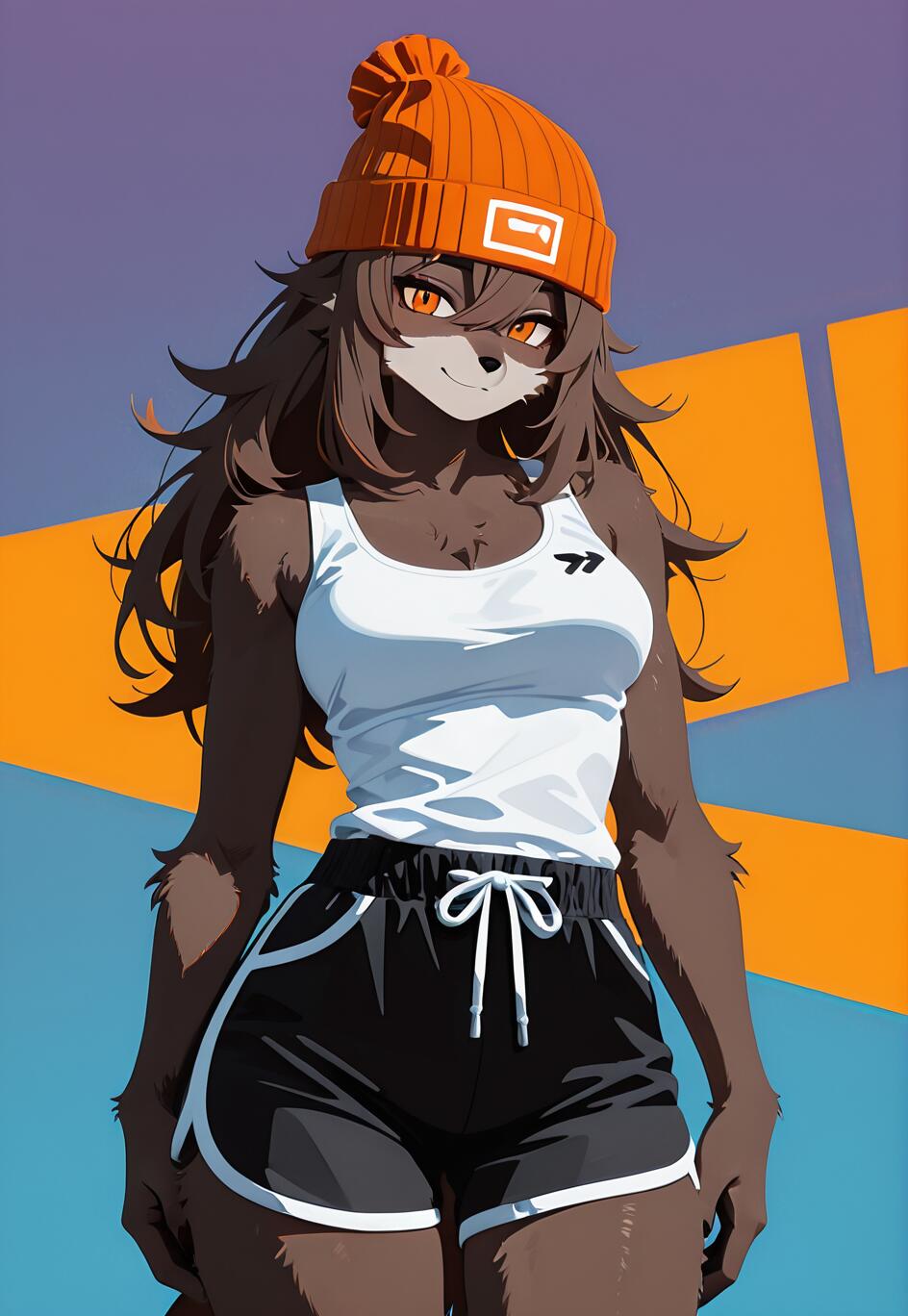 Une illustration de style manga représentant une louve anthropomorphe, avec de longs cheveux bruns et des yeux orange, qui sourit en regardant le spectateur. Elle porte une tenue sportive composée d’un bonnet orange, d’un débardeur blanc et d’un short noir.