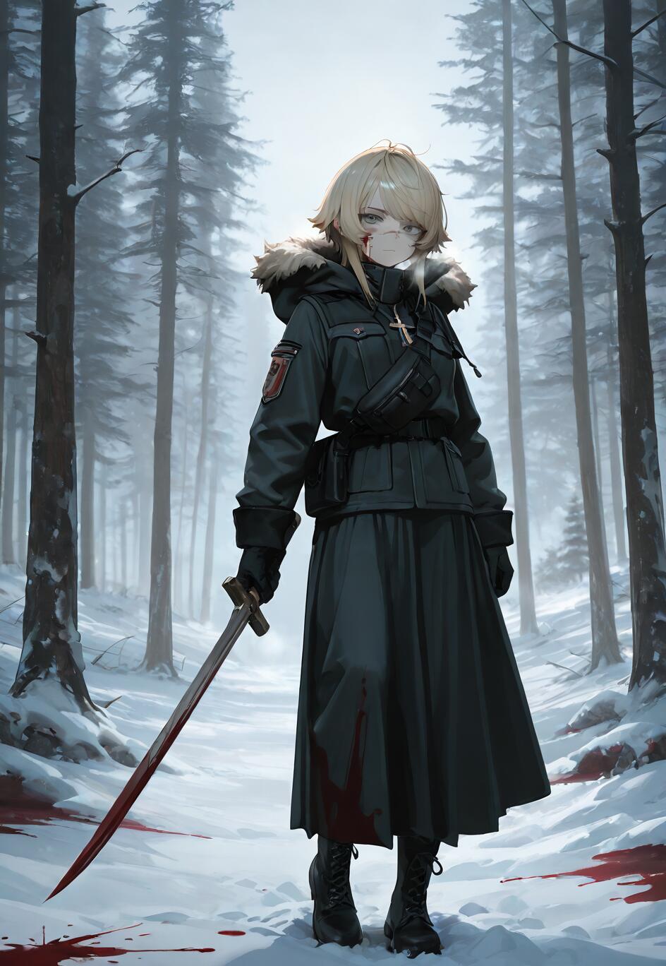 Une illustration de Tanya von Degurechaff, personnage de « The Saga of Tanya the Evil », la représentant en pied, debout dans une forêt enneigée, tenant une épée ensanglantée et fixant intensément le spectateur.