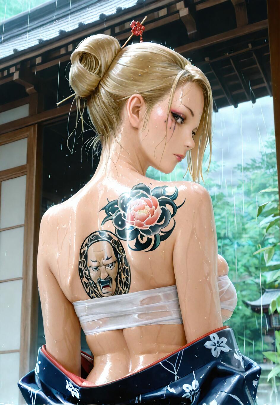 Une illustration numérique réaliste représentant une femme blonde, vue de dos, qui se retourne pour regarder par-dessus son épaule sous la pluie. Elle a un tatouage de fleur et un tatouage de masque sur le dos et porte un kimono ouvert sur un sarashi.