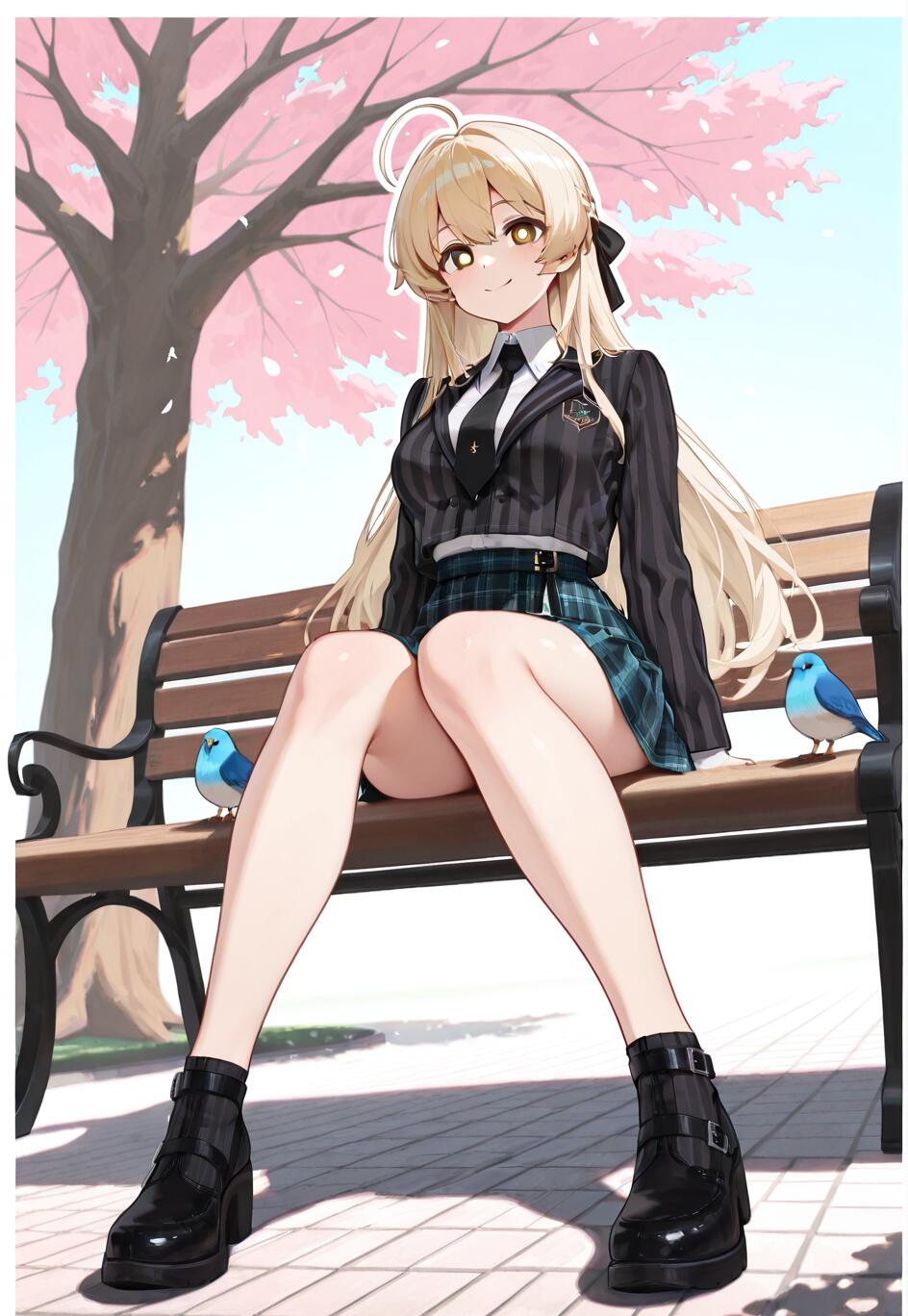 Illustration complète du corps de Tendou Arisu, personnage de Blue Archive, assise sur un banc brun dans un parc. Elle a de longs cheveux blonds, une auréole, et porte une veste noire à rayures, une jupe à carreaux verts et des bottes noires. Un grand cerisier se trouve derrière elle, et deux petits oiseaux bleus sont perchés sur le banc.