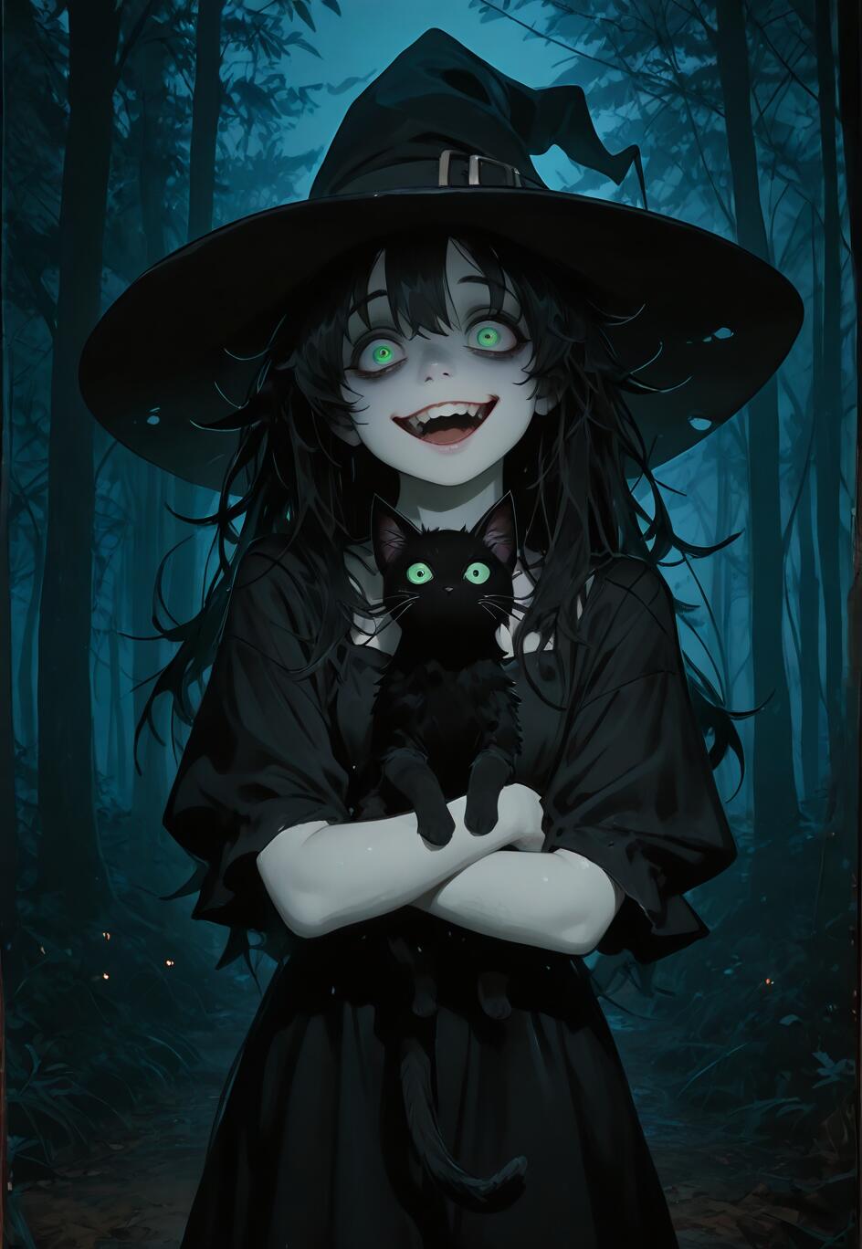 Une sorcière à la peau pâle, aux cheveux noirs en désordre, portant un grand chapeau pointu et ayant des yeux verts lumineux, tient un chat noir dans une forêt sombre et sourit d’un air maniaque en regardant le spectateur.