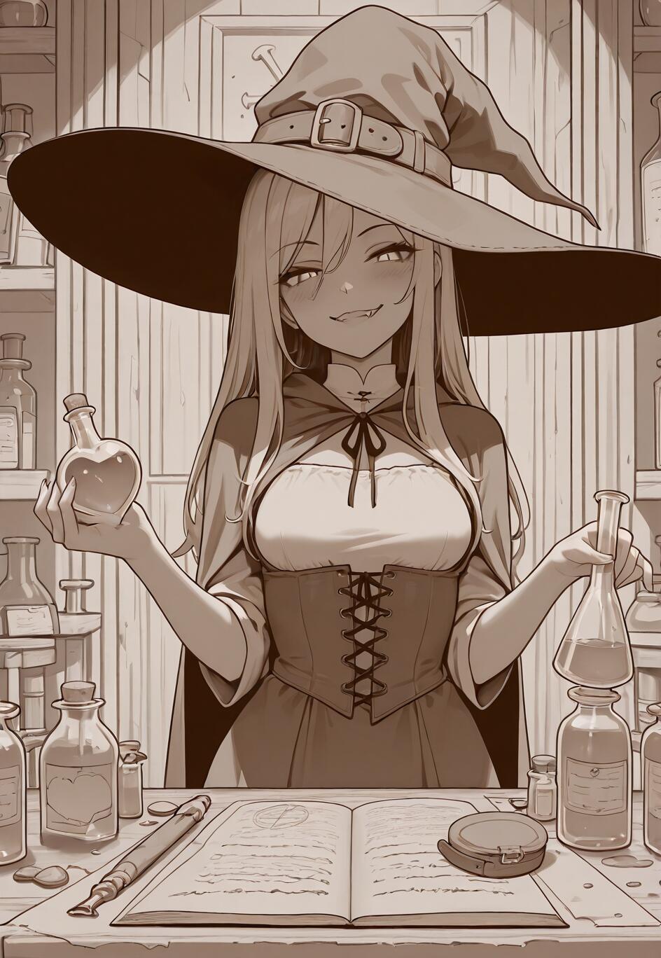 Une illustration aux tons sépia représentant une sorcière de style manga, aux longs cheveux blonds et portant un grand chapeau, qui sourit d’un air malicieux tout en tenant une fiole en forme de cœur contenant une potion d’amour dans son laboratoire.