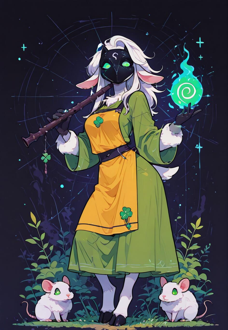 Une illustration complète d’un personnage agneau anthropomorphe, inspirée de Kindred du jeu League of Legends. Elle porte un masque noir, une robe verte et un tablier jaune orné de trèfles. Elle joue de la flûte et tient une boule de magie verte, avec deux souris blanches à ses pieds.