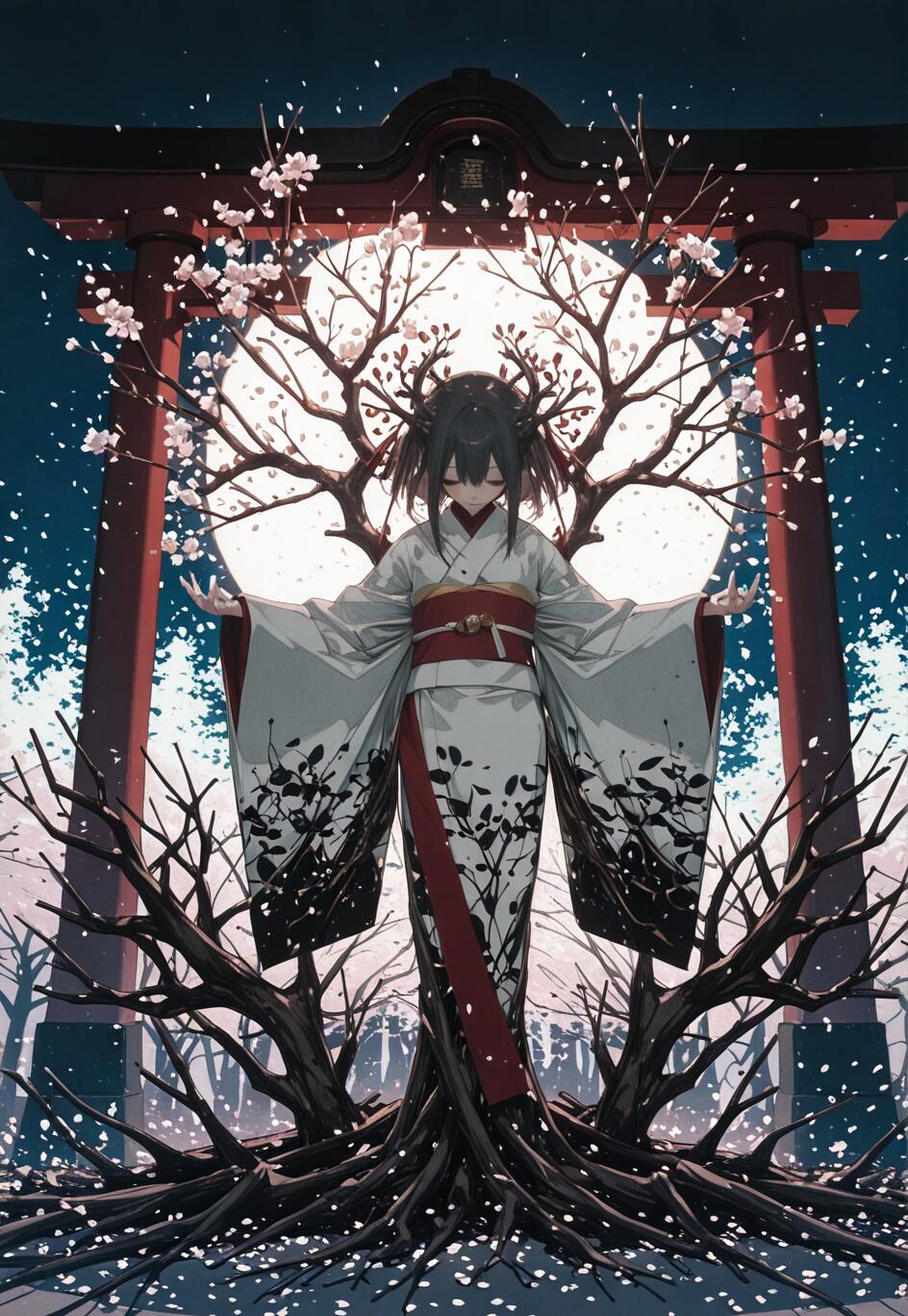 Une illustration de style manga représentant une jeune femme aux cheveux noirs, vêtue d’un kimono blanc et noir, se tenant devant un portail torii rouge. Elle semble fusionnée avec un arbre sombre et noueux, dont les branches, couvertes de fleurs de cerisier, encadrent une grande pleine lune derrière elle.