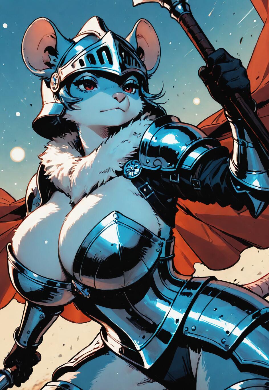 Une illustration numérique représentant une guerrière souris anthropomorphe, entièrement revêtue d’une armure de plaques et d’un casque, tenant une masse d’armes, avec une cape rouge flottant derrière elle. Son visage exprime une détermination sans faille.