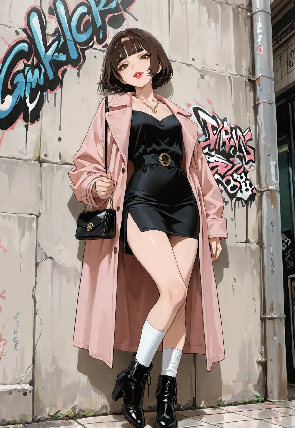 Une illustration représentant une jeune fille d’anime élégante, de la tête aux pieds, avec de courts cheveux bruns, portant un trench-coat rose par-dessus une mini-robe noire et des bottes noires à talons. Elle est appuyée contre un mur couvert de graffitis dans une ruelle de la ville.