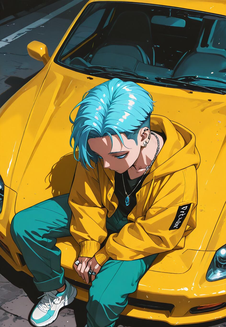 Une illustration de style manga représentant un jeune homme aux cheveux bleus et portant une veste jaune, assis sur le capot d’une voiture de sport jaune, et qui regarde vers le bas.