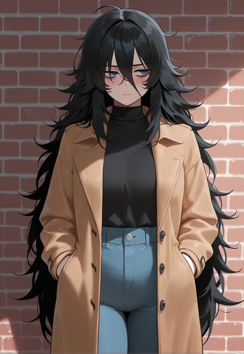 Une jeune fille au style manga, avec de longs cheveux noirs en désordre et des yeux bleus fatigués, est appuyée contre un mur de briques. Elle porte un trench-coat beige, un pull à col roulé noir et un jean bleu, et ses mains sont enfoncées dans les poches de son manteau.