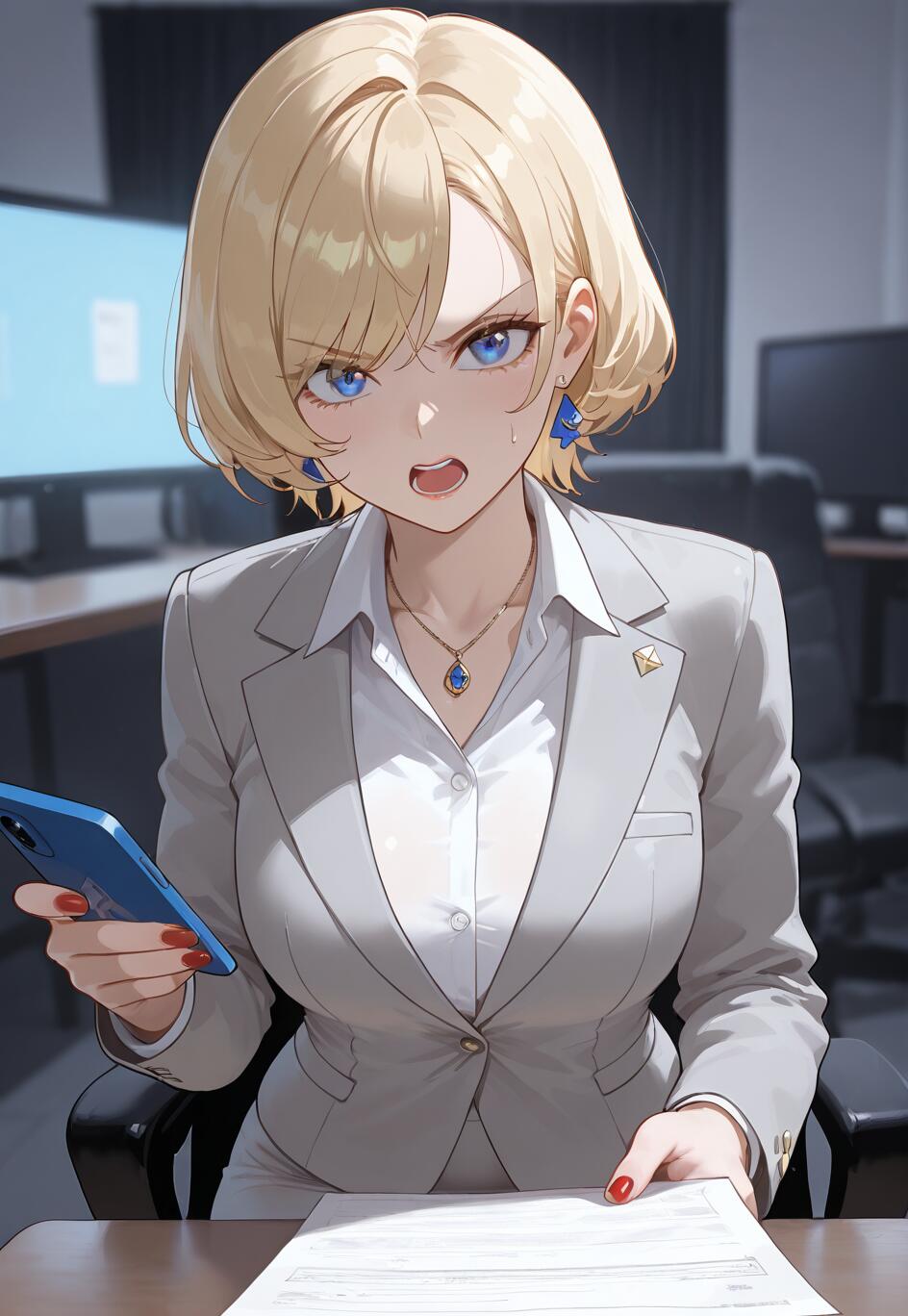 Une illustration de style manga représentant Veronica Caleillu, une femme aux cheveux courts et blonds et aux yeux bleus, qui affiche une expression de colère dans un tailleur gris, assise à un bureau. Elle tient un téléphone et pointe du doigt un document.