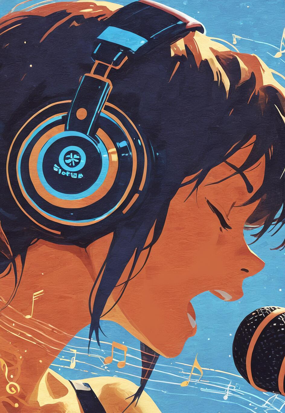 Un portrait stylisé, évoquant la peinture, d’une jeune femme aux cheveux foncés, portant un grand casque audio et chantant les yeux fermés dans un microphone, sur un fond bleu parsemé de notes de musique.