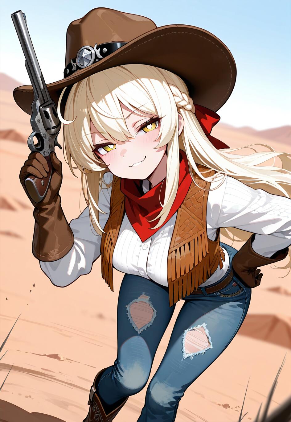 Une illustration de style manga représentant une cowgirl blonde, identifiée comme Lumine, un personnage du jeu Genshin Impact, dans un désert. Elle porte un chapeau de cowboy, un gilet à franges et un jean déchiré, et elle sourit d’un air satisfait tout en pointant un revolver vers le spectateur.