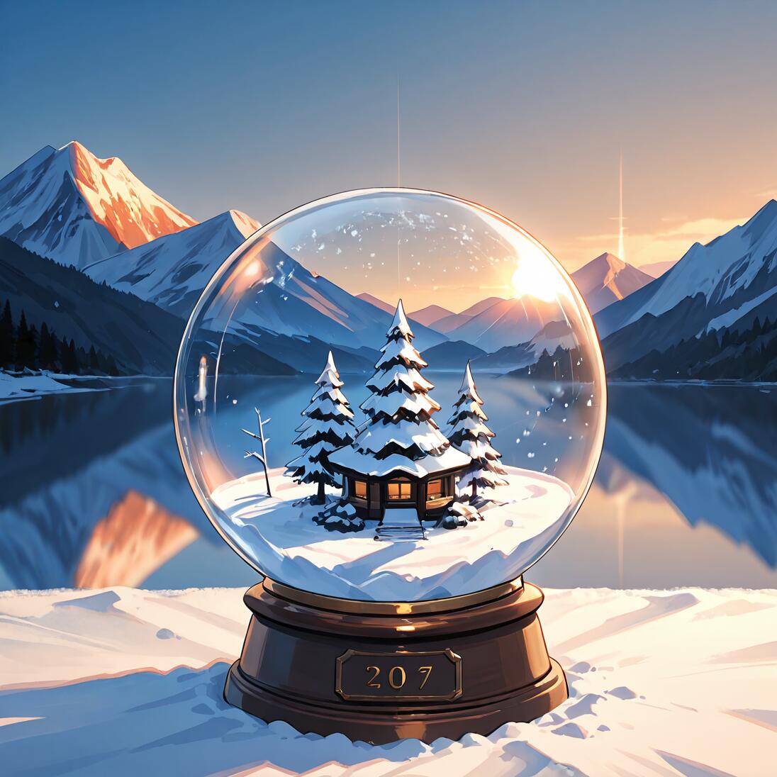 Une boule à neige en verre contenant une miniature d’un paysage hivernal avec une cabane et des arbres, le tout placé sur un décor réaliste représentant une chaîne de montagnes enneigées et un lac paisible au lever du soleil.