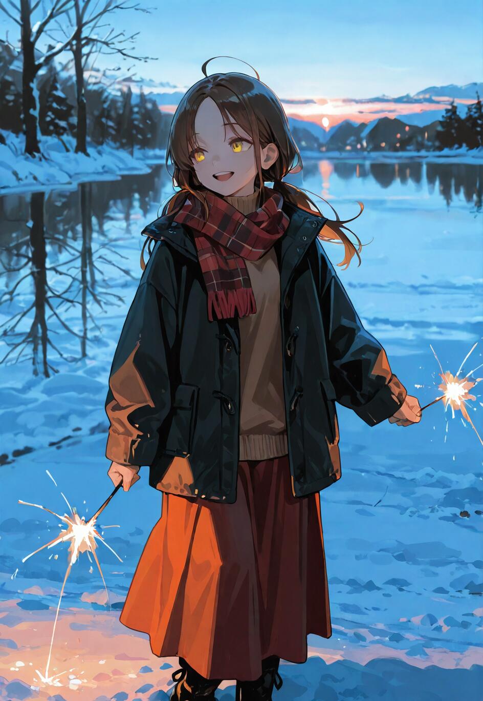 Une illustration de style manga représentant une jeune fille souriante, aux cheveux bruns et aux yeux jaunes, portant un manteau d’hiver et une écharpe, et tenant deux pétards lumineux dans un paysage enneigé au bord d’un lac, au crépuscule.