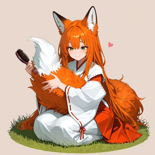 Une jeune fille renarde de style manga, avec de longs cheveux orange et des yeux verts, vêtue d’un costume de miko, est assise dans l’herbe, souriante, et serre contre elle sa grande et touffue queue orange et blanche. Elle tient une brosse pour la brosser.