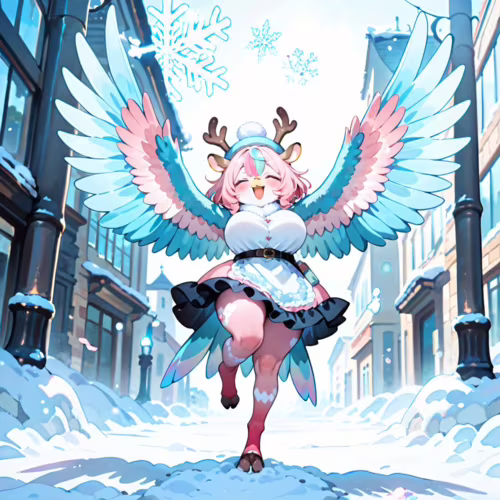 Une illustration de style manga représentant un personnage féminin joyeux, aux cheveux roses, portant des bois de renne et de grandes ailes bleues et roses, et se tenant debout sur une seule jambe dans une rue enneigée.