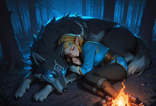 La princesse Zelda, vêtue de sa tunique bleue, dort paisiblement, adossée au grand loup Wolf Link, dont le pelage est sombre, près d’un feu de camp dans une forêt, au cœur de la nuit. Wolf Link est éveillé, ses yeux brillent d’un éclat bleu, et il veille sur elle.