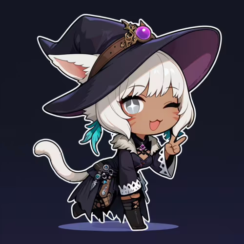 Un adorable dessin de Y’shtola Rhul dans le style chibi, tiré du jeu Final Fantasy XIV. Il représente une jeune femme à la peau foncée, aux traits félins, avec des cheveux blancs, vêtue comme une sorcière. Elle fait un clin d’œil et lève deux doigts en signe de paix.