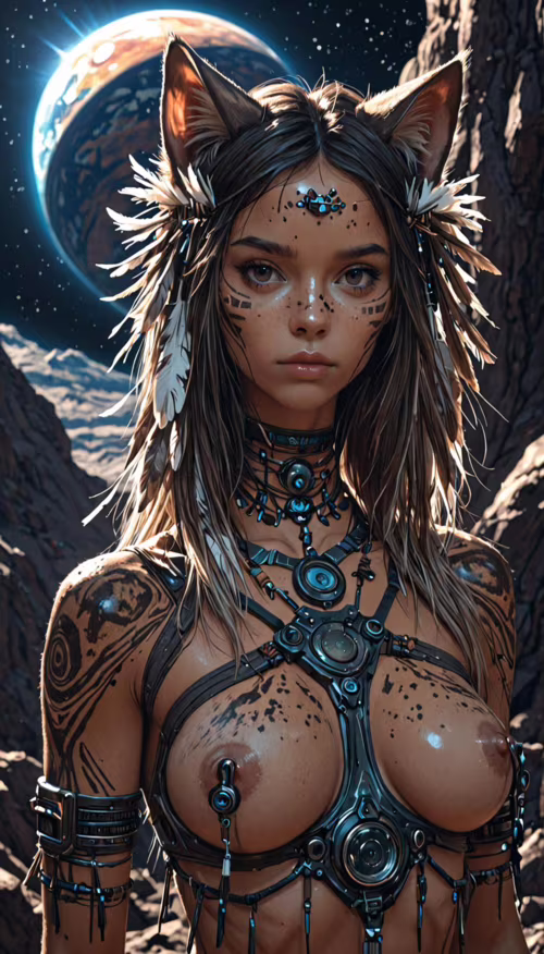 Un portrait d’une jeune femme aux oreilles de chat, au maquillage tribal et aux tatouages, portant un harnais futuriste et des plumes dans les cheveux, debout sur une planète extraterrestre rocheuse, avec un grand corps céleste en arrière-plan.